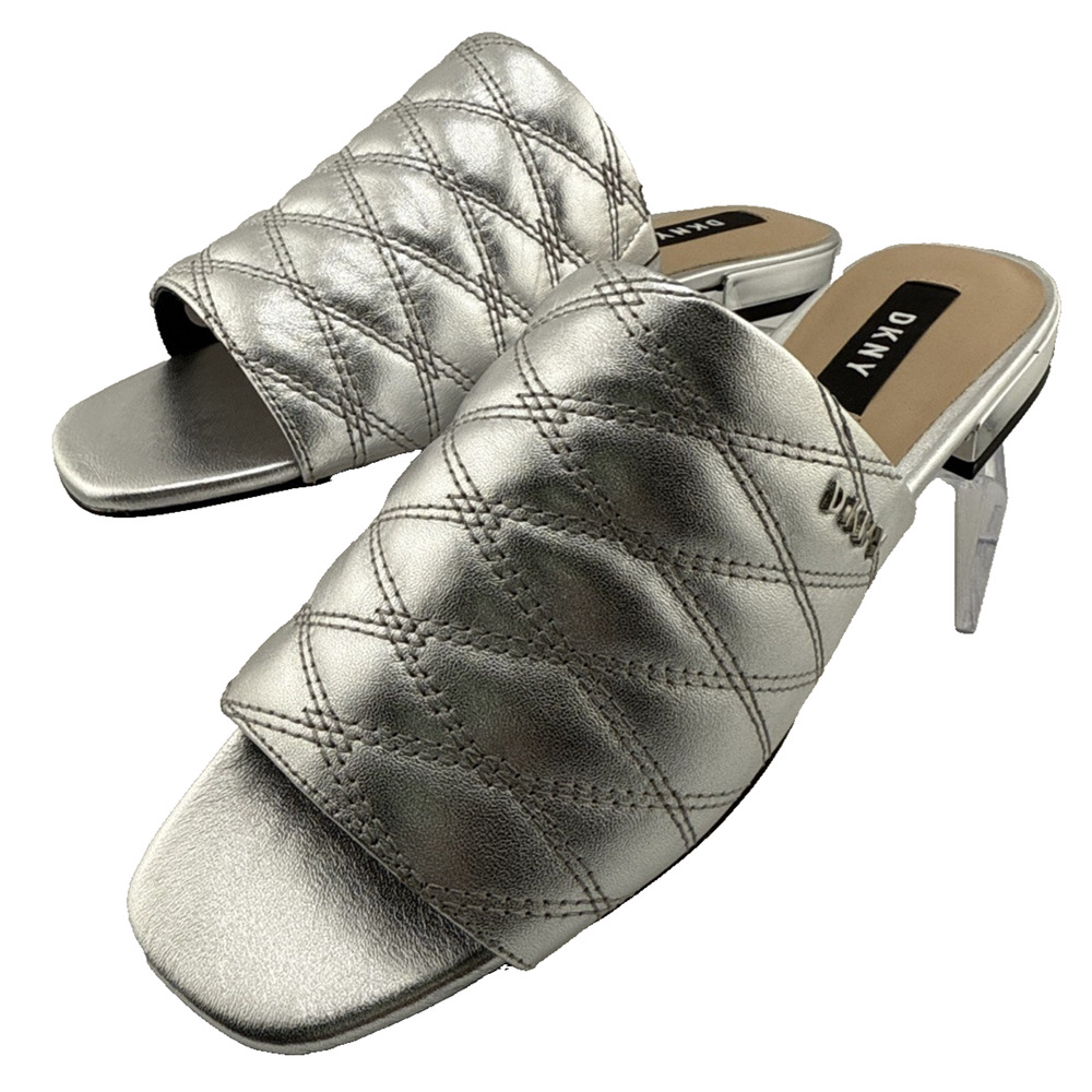 DKNY Womens Roy Flat Sandals‎ Metallic Silver Peeptoe Slip-on Shoes Size 7.5 NIB